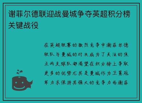 谢菲尔德联迎战曼城争夺英超积分榜关键战役